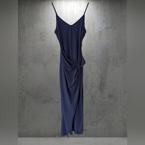 SHEIN Navy Pleated V-Neck Knot-Detail Maxi Dress